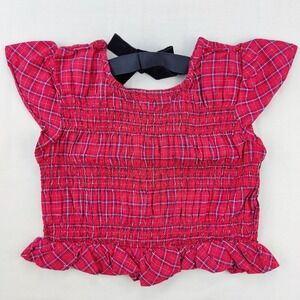 Old Navy Top Girls L 10-12 Red Plaid‎ Smocked Flutter Sleeve Velvet Bow Holiday